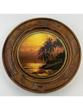 Vintage Hawaiian Sunset Beach Wooden Wall Plaque 8" Round Handcrafted Tiki
